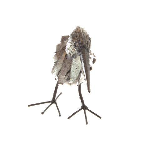 Handcrafted textile bird sculpture with natural fiber plumage and thin metal legs, standing upright