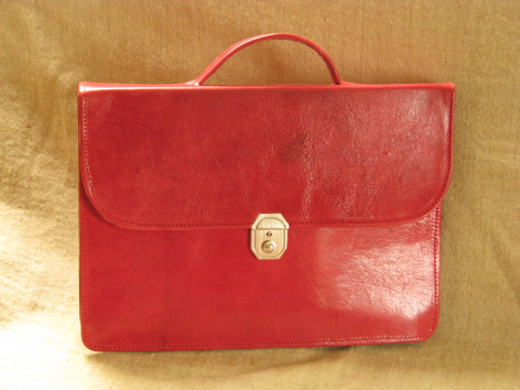 Red leather briefcase with gold clasp and handle, front view against warm gold background