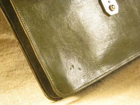 Olive green leather bag detail showing corner with button closure and worn patina finish