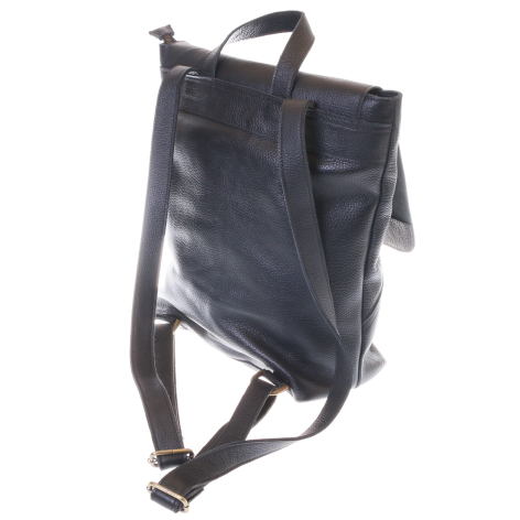 Dark leather backpack with structured rectangular shape and adjustable shoulder straps, front view