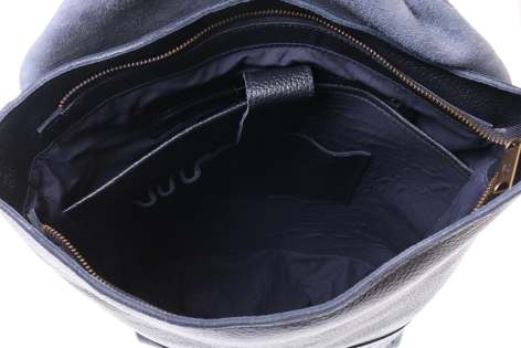 Black leather shoulder bag, open view showing dark interior compartment and structured design