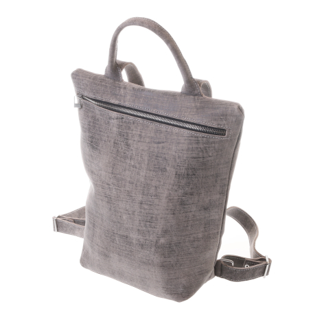 Grey linen backpack with dual carrying handles and adjustable shoulder straps, shown from front angle