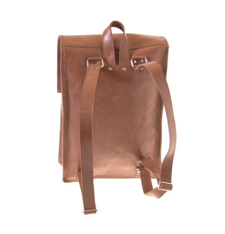 Brown leather backpack with adjustable shoulder straps and top closure, back view