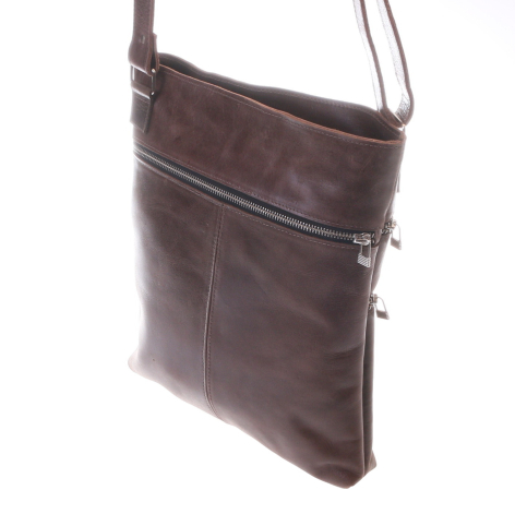 Brown leather crossbody bag with front pocket detail and adjustable shoulder strap, angled front view