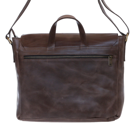 Dark brown leather messenger bag with top handle and adjustable shoulder strap, back view showing zippered pocket detail
