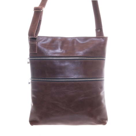 Braune Ledertasche in Rechteckform mit horizontalen Streifenmuster und zwei Schultergriffen, Frontalansicht