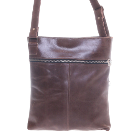 Braune Ledertasche mit Schultergriffen, Vorderansicht mit vertikalen Nahtdetails