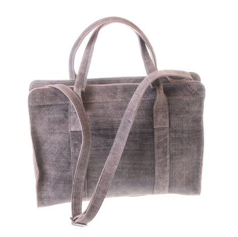 Grey woven leather tote bag with dual handles and adjustable shoulder strap, front view