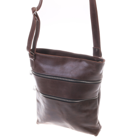 Brown leather crossbody bag with horizontal stitched bands and adjustable shoulder strap, front view