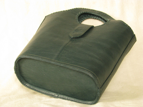 Dark green leather tote bag with handles and a structured rectangular shape, front view