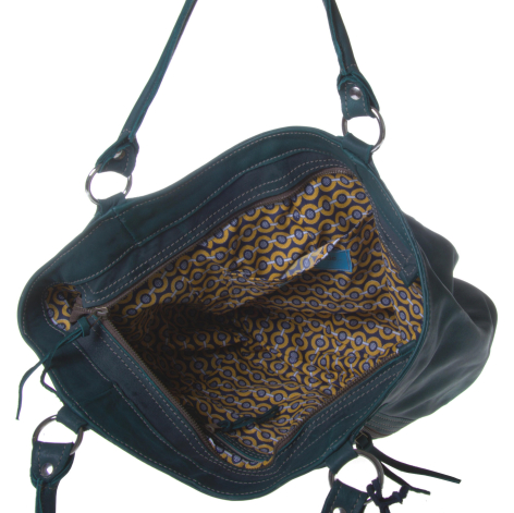 Navy leather tote bag open to show woven interior, viewed from above with handles visible
