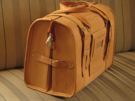 Tan leather travel bag with structured rectangular shape, dual handles and front buckle closure