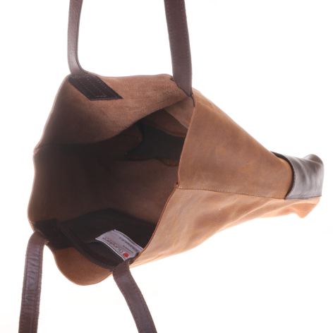 Brown leather bucket bag with dark straps, shown from above with open top revealing interior compartment