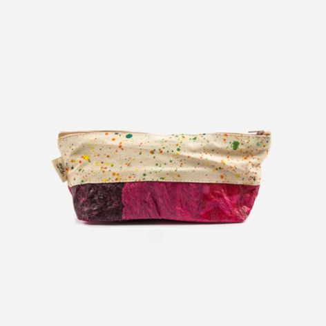 Layered textile pouch in burgundy and gold with metallic accents, front view