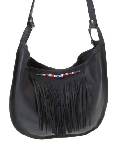 Black leather shoulder bag with fringe detailing and decorative beaded trim, front view