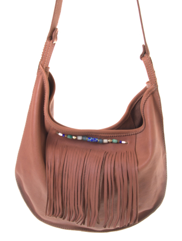 Terracotta suede shoulder bag with decorative beaded trim and long fringe detail, front view