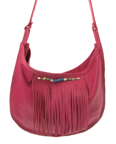 Deep pink leather shoulder bag with pleated fringe detail and dual handles, front view
