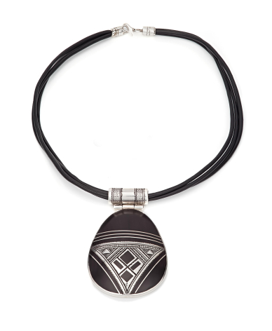 Black cord bracelet with geometric triangle pendant in silver and dark metal, front view