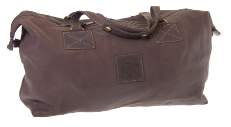 Brown canvas duffel bag with drawstring closures and carrying handles, shown from front angle