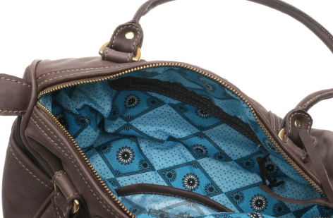 Brown leather shoulder bag with blue patterned interior lining, top view showing open main compartment