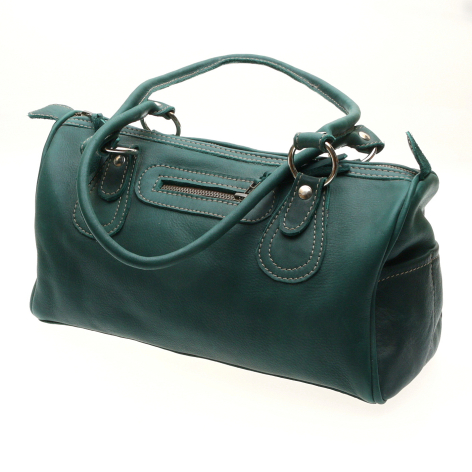 Deep teal leather shoulder bag with curved handles and decorative front straps, angled front view