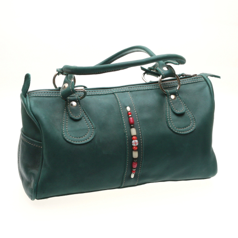Dark green leather handbag with dual handles and decorative beaded accent stripe, front view