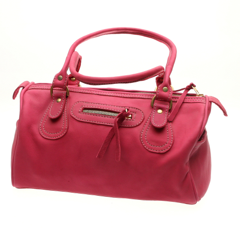 Fuchsia leather handbag with dual handles and front pocket detailing, shown from front angle