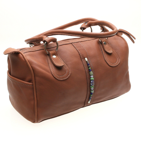 Brown leather travel bag with dual handles and adjustable shoulder strap, front three-quarter view
