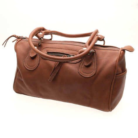 Cognac brown leather weekender bag with dual handles and drawstring closure, displayed at three-quarter angle
