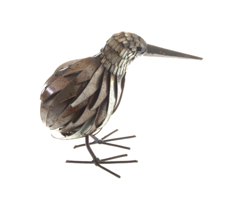 Bronze metal hummingbird sculpture with textured feathered body and long pointed beak, standing position