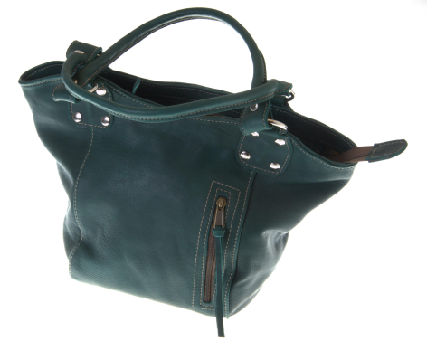 Dark teal leather tote bag with black handles and metal stud detailing, front view