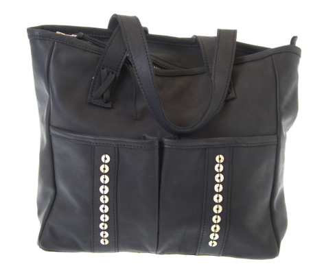 Black leather tote bag with studded front pockets and dual handles, front view