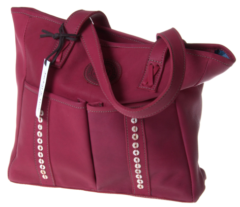 Burgundy leather tote bag with dual handles and decorative beaded trim detail along the sides