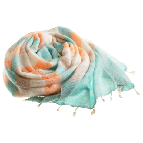 Crumpled pastel textile scarf featuring soft peach and turquoise tones with hand-loomed texture detail