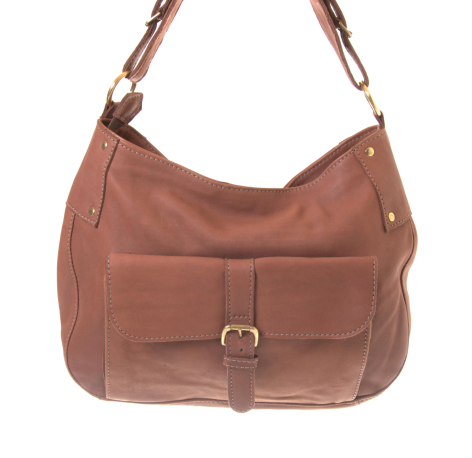 Tan leather shoulder bag with front patch pocket and brass buckle closure, front view