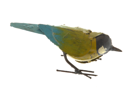 Small ceramic bird figurine with olive green body, blue-grey wings, and thin metal legs, shown in profile view