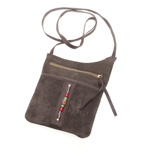 Dark grey felt crossbody bag with long adjustable strap and front zippered pocket, angled front view