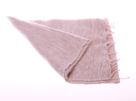 Dusty mauve textured scarf with frayed edges, displayed in draped triangular fold against white background