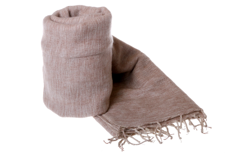 Rolled and unrolled mauve linen textile with frayed edges, showing natural weave detail