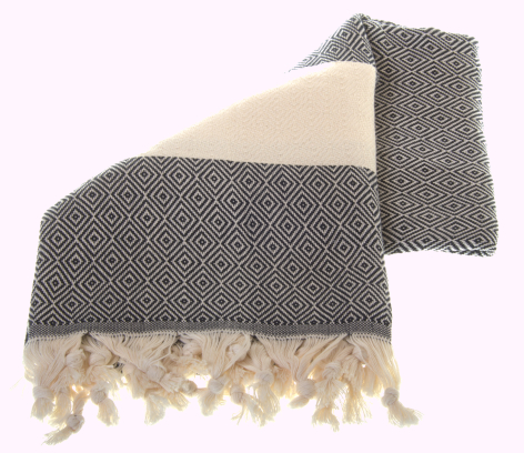 Charcoal grey and cream woven throw blanket with fringed edges, folded to show texture and color blocking