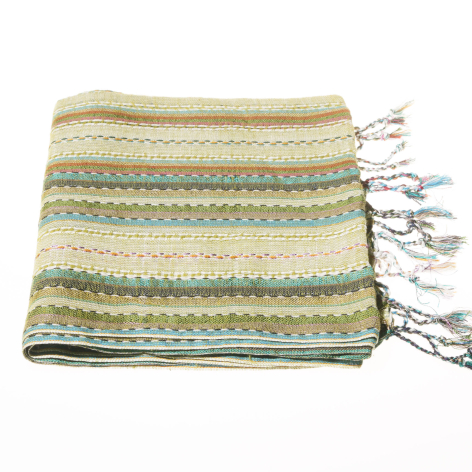 Folded striped textile with cream, blue and green woven bands, displaying decorative tasseled fringe at one edge
