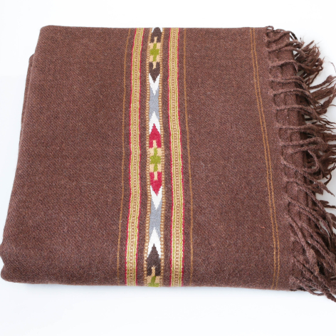 Brown wool textile with geometric gold and red stripe detail and fringed edges, folded flat view