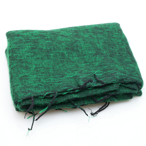 Green melange wool textile with black drawstring ties, folded and angled view