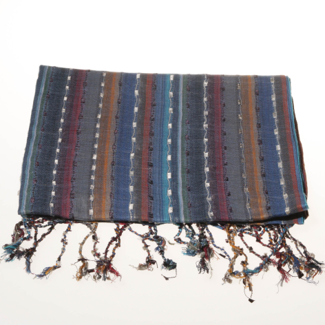 Charcoal striped textile with vertical bands in brown and blue, featuring hand-knotted fringe at both ends