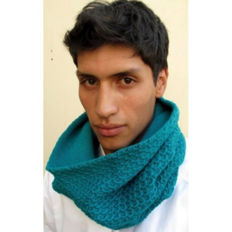 Man wearing turquoise textured wool cowl neck scarf, front view against cream background