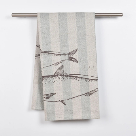 Cream and grey striped linen textile hanging on rod, featuring hand-drawn bird branch motif in grey ink