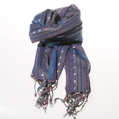 Deep blue striped cotton scarf with tasseled fringe ends, displayed folded and draped