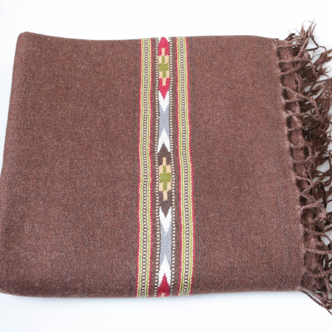 Brown wool throw with woven geometric stripe detail and fringed edges, folded flat view