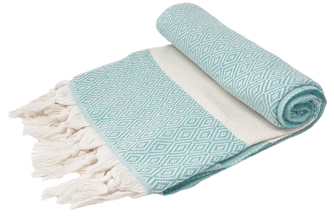 Rolled light blue woven throw blanket with cream fringe ends, displayed at an angle