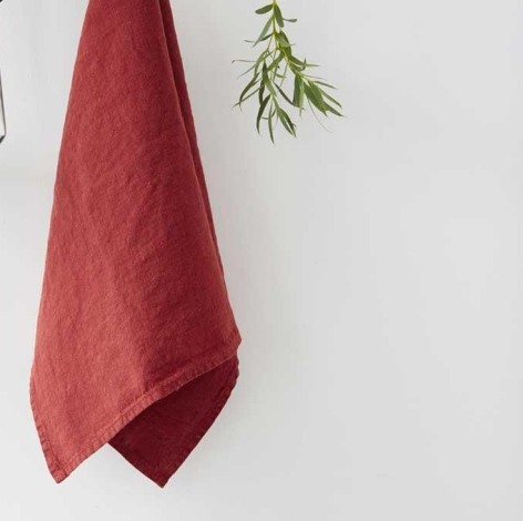 Terracotta red linen textile draped against white background with fresh green herb sprig displayed above